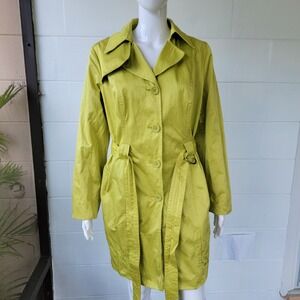 Sheego Trench Coat Lime Green Women US 12 Polka Dot Lining Modern Belted Jacket